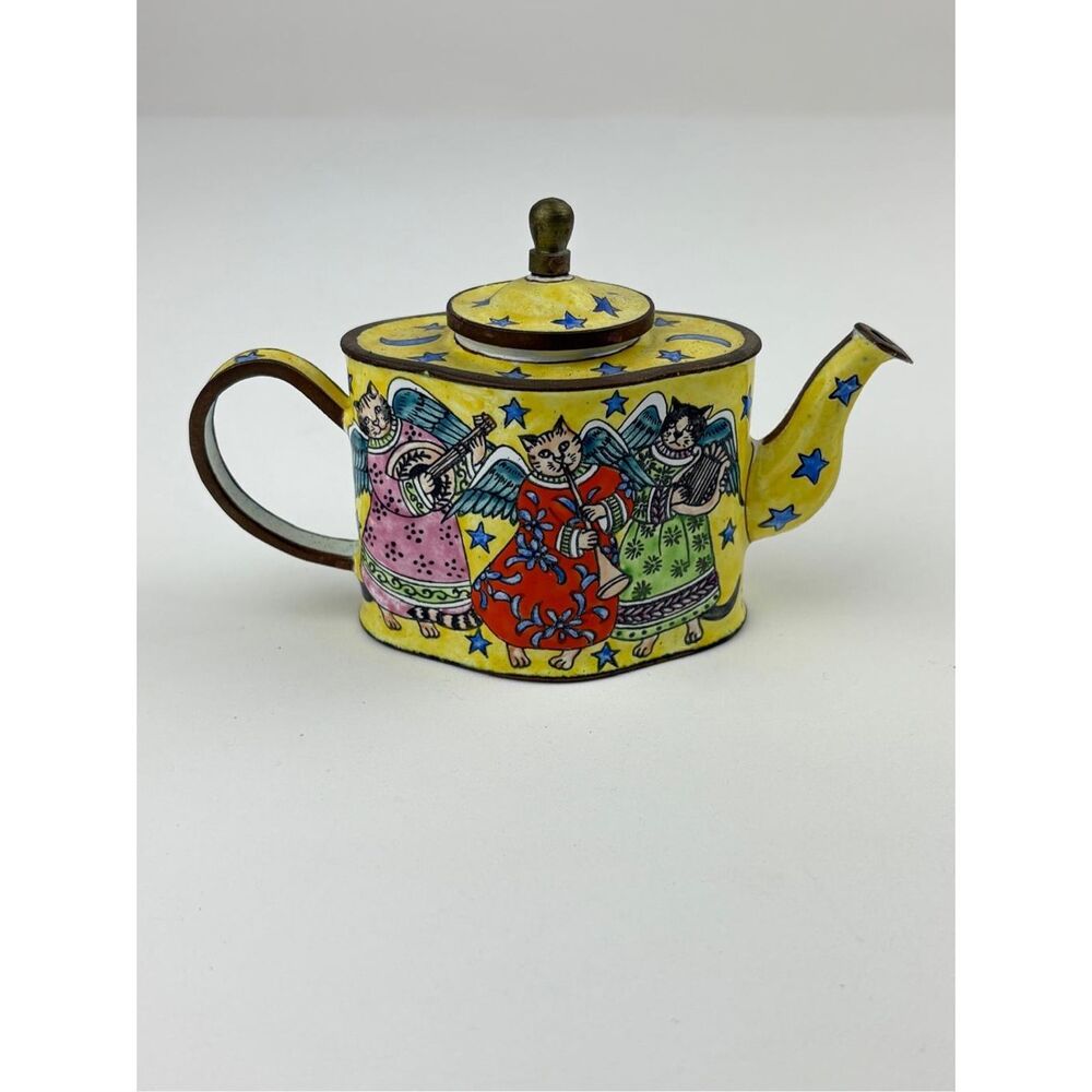 NOS Kelvin Chen Miniature Enamel Copper Decorative Teapot Angel Cats Instruments